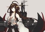  ahoge bad_id bad_pixiv_id bare_shoulders black_skirt breasts brown_hair cleavage collarbone detached_sleeves double_bun floating_hair grey_eyes hair_intakes hairband hands_on_hips highres japanese_clothes kantai_collection kongou_(kantai_collection) large_breasts long_hair long_sleeves looking_away looking_to_the_side machinery mikoto_(oi_plus) no_bra nontraditional_miko remodel_(kantai_collection) ribbon_trim silver_background simple_background skirt solo turret wide_sleeves 