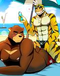  abs anthro beach bear bearlovestiger13 beverage biceps blush brown_fur brown_stripes bulge butt butt_grab clothed clothing duo eyes_closed eyewear feline food fur goggles half-dressed hand_on_butt hug invalid_tag juuichi_mikazuki male male/male mammal morenatsu muscles nipples pecs sea seaside shorts smile speedo stripes sunscreen swimsuit teeth tiger toned topless torahiko_ooshima water yellow_fur 