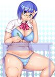  belly blue_eyes blue_hair bra breasts chair cleavage desk fat_step-sister_(orizen) glasses hair_ornament hairclip highres large_breasts mechanical_pencil navel no_pants open_clothes open_shirt original orizen panties pencil plump see-through shirt short_hair sitting smile solo underwear 