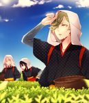  basket blue_sky blurry cloud day depth_of_field eyes_visible_through_hair green_eyes green_hair hair_over_one_eye harvesting japanese_clothes kimono lens_flare male_focus mikazuki_munechika multiple_boys open_mouth outdoors sky solo_focus sun sweat tasuki tenugui touken_ranbu tsurumaru_kuninaga uguisumaru unmoving_pattern white_hair yellow_eyes yugake_(mrnmrm) 