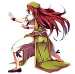  absurdres baba_(baba_seimaijo) bow braid closed_eyes fighting_stance full_body hair_bow hat highres hong_meiling long_hair red_hair shoes short_sleeves shorts smile solo star tachi-e touhou twin_braids very_long_hair white_background wristband 