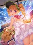  :d apple_watch banned_artist blonde_hair blue_sky cloud day dress drill_hair dutch_angle earrings fang from_behind furyou_michi_~gang_road~ grass highres jewelry leaf lion looking_back neck_ribbon one_eye_closed open_mouth pink_eyes ribbon sky smile solo sundress sweatdrop tongue twin_drills v-shaped_eyebrows visor_cap watch white_dress wristwatch xil 
