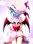  ass bat_wings blush colored_eyelashes dress eyes_visible_through_hair from_behind hand_on_hip hat lavender_hair looking_at_viewer looking_back mob_cap pink_dress red_eyes remilia_scarlet short_hair solo tamuhi touhou wings wrist_cuffs 