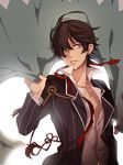  blue_eyes brown_hair earrings hair_over_one_eye haori horikawa_kunihiro japanese_clothes jewelry male_focus open_clothes parted_lips shinsengumi solo touken_ranbu yugake_(mrnmrm) 