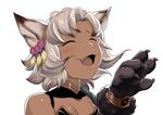  :3 animal_ears breasts cat_ears cat_paws cleavage closed_eyes dark_skin erune fang flower granblue_fantasy hair_flower hair_ornament k2isu medium_breasts melleau open_mouth paws silver_hair simple_background solo white_background 