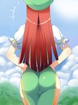  ass beret blurry chinese_clothes cloud cloudy_sky day depth_of_field facing_away from_behind hand_on_hip hat hong_meiling long_hair outdoors puffy_short_sleeves puffy_sleeves red_hair shirt short_sleeves side_slit skirt skirt_set sky solo tamuhi tangzhuang touhou white_shirt 