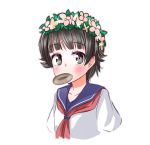  artist_request black_eyes black_hair doughnut eating food school_uniform short_hair simple_background solo to_aru_kagaku_no_railgun to_aru_majutsu_no_index uiharu_kazari 