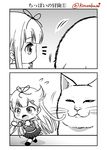  2koma cat check_commentary chibi comic commentary commentary_request fleeing flying_sweatdrops greyscale hair_flaps hair_ornament hair_ribbon hairclip kantai_collection kuroba_dam long_hair monochrome neckerchief pleated_skirt remodel_(kantai_collection) ribbon scarf school_uniform serafuku skirt translated twitter_username yuudachi_(kantai_collection) 