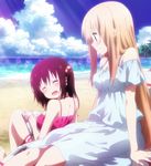  :d ^_^ arm_support back bangs bare_shoulders barefoot beach blonde_hair blush breasts chair cleavage closed_eyes cloud day doma_umaru dress ebina_nana hair_ornament happy head_tilt highres himouto!_umaru-chan lens_flare light_rays light_smile long_hair looking_at_another looking_back lounge_chair magazine medium_breasts multiple_girls non-web_source ocean open_magazine open_mouth outdoors palm_tree profile purple_hair screencap sideboob sitting sky smile stitched striped sunbeam sundress sunlight third-party_edit tree twintails very_long_hair water 