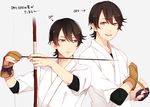  archery arrow blue_eyes bow_(weapon) brown_hair gloves horikawa_kunihiro japanese_clothes kyuudou male_focus open_mouth partly_fingerless_gloves single_glove solo touken_ranbu translation_request upper_body weapon white_background yugake yugake_(mrnmrm) 