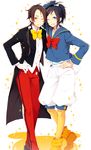  blue_eyes bow bowtie brown_hair cosplay disney donald_duck donald_duck_(cosplay) donald_duck_sailor_hat earrings gloves hand_on_hip highres jewelry kashuu_kiyomitsu long_hair looking_at_viewer male_focus mickey_mouse mickey_mouse_(cosplay) multiple_boys one_eye_closed parted_lips ponytail red_bow red_eyes red_neckwear smile tailcoat touken_ranbu white_gloves yamato-no-kami_yasusada yellow_bow yellow_neckwear yugake_(mrnmrm) 