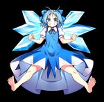  absurdres baba_(baba_seimaijo) barefoot blue_eyes blue_hair bow cirno clenched_hands dress grin hair_bow highres ice ice_wings ribbon short_hair smile solo tachi-e touhou wings 