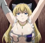  angry blonde_hair blue_eyes breasts earrings elina female gradient gradient_background highres jewelry large_breasts long_hair nipples queen&#039;s_blade queen's_blade solo stitched torn_clothes 
