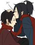  black_hair earrings flat_color forehead_kiss high_ponytail jewelry kashuu_kiyomitsu kiss male_focus mole mole_under_eye multiple_boys red_scarf scarf simple_background sweat touken_ranbu white_background yamato-no-kami_yasusada yugake_(mrnmrm) 