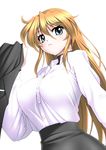  1girl :&lt; blonde_hair blue_eyes breasts clothes_removed dress_shirt erect_nipples female highres hips jacket large_breasts long_hair looking_at_viewer lyrical_nanoha mahou_shoujo_lyrical_nanoha_strikers military military_uniform sakura_ryuuken serious shiny shiny_skin shirt simple_background skirt solo standing taut_clothes taut_shirt teana_lanster uniform white_background 