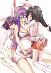  alternate_hair_length alternate_hairstyle animal_ears bespectacled black_hair braid breasts bunny_ears bunny_tail closed_eyes commentary_request couple french_braid girl_sandwich glasses hand_on_another's_face happy if_they_mated inaba_tewi ips_cells large_breasts long_hair mother_and_daughter multiple_girls open_mouth pregnant purple_hair red_eyes reisen_udongein_inaba sandwiched short_hair skirt smile tail thighhighs touhou white_legwear yohane yuri 