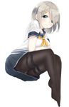  aqua_eyes black_legwear blue_skirt blush breast_hold breasts crossed_arms full_body hair_ornament hair_over_one_eye hairclip hamakaze_(kantai_collection) highres invisible_chair kantai_collection large_breasts leaning_forward light_smile looking_at_viewer maa_(roninnn) miniskirt neckerchief panties panties_under_pantyhose pantyhose pantyshot pantyshot_(sitting) pleated_skirt school_uniform serafuku short_hair short_sleeves silver_hair simple_background sitting skirt solo thighband_pantyhose underwear white_background white_panties yellow_neckwear 