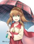  1girl ahoge brown_hair cape coat commentary_request green_eyes hair_ornament hairband lilka_eleniak long_hair low-tied_long_hair open_mouth sidelocks smile solo touyama_sabu umbrella wild_arms wild_arms:_million_memories wild_arms_2 yellow_hairband 