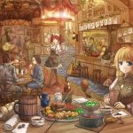  4boys 5girls armor bald black_hair blonde_hair blue_eyes bottle brown_hair cervus coin commentary elf food hair_bun hat highres instrument japanese_clothes multiple_boys multiple_girls music original playing_instrument pointy_ears pot red_hair scenery sitting stool table twintails waitress 