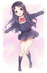  :d black_hair black_legwear blush bow charlotte_(anime) chiyingzai fang hair_ornament highres kneehighs loafers long_hair open_mouth otosaka_ayumi outstretched_arms purple_eyes school_uniform shoes skirt smile solo spread_arms 