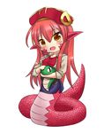  blush breasts chibi erusen_(des-arms) fang full_body hat lamia long_hair medium_breasts miia_(monster_musume) monster_girl monster_musume_no_iru_nichijou pointy_ears red_hair scales shirt simple_background solo stuffed_snake taut_clothes taut_shirt white_background yellow_eyes 