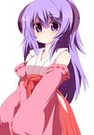  bare_shoulders detached_sleeves hakama hanyuu haori higurashi_no_naku_koro_ni hip_vent horns japanese_clothes long_hair miko okumari purple_eyes purple_hair red_hakama ribbon-trimmed_sleeves ribbon_trim 