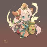  animal_ears ankh blue_eyes bracer breasts chibi cow_ears cow_horns dark_skin earrings egyptian gradient gradient_background hathor_(p&amp;d) headpiece horn_ring horns jar jewelry large_breasts long_hair milk pink_hair puzzle_&amp;_dragons sitting smile solo tennohi very_long_hair 