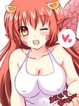  2015 :d bad_id bad_pixiv_id blush breasts collarbone covered_navel covered_nipples dated fang hair_ornament hairclip heart lamia large_breasts long_hair looking_at_viewer miia_(monster_musume) monster_girl monster_musume_no_iru_nichijou one_eye_closed open_mouth pointy_ears red_hair scales slit_pupils smile solo spoken_heart tsuji_kanata twitter_username upper_body yellow_eyes 