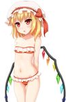  arms_behind_back bandeau bangs bare_arms bare_shoulders bikini blonde_hair blush cowboy_shot crystal eyebrows_visible_through_hair flandre_scarlet frilled_bikini frills groin hair_between_eyes hat hat_ribbon jpeg_artifacts looking_away looking_up midriff mob_cap navel open_mouth pointy_ears red_bikini red_eyes ribbon short_hair side_ponytail simple_background solo standing swimsuit thighs tokugawa_landine touhou white_background wings 