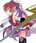  black_legwear detached_sleeves drawr hair_ribbon magical_girl mahou_shoujo_madoka_magica polearm ponytail red_eyes red_hair ribbon sakura_kyouko sketch solo spear thighhighs weapon white_background yoyoyotto 