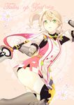  1girl alisha_(tales) alisha_diphda armor belt boots breasts brown_hair flower gloves green_eyes hair_ornament jacket long_hair open_mouth ribbon see-through short_shorts shorts side_ponytail simple_background spear tales_of_(series) tales_of_zestiria thighhighs weapon 