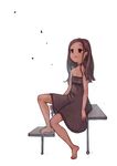  bare_legs barefoot brown_eyes brown_hair child choker dark_skin dress food fruit grapes hantoumei_namako long_hair parted_bangs simple_background solo tongue_out white_background 