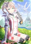  1girl alisha_(tales) alisha_diphda aqua_eyes armor ayakase_hotaru belt bird blush boots brown_hair gloves hair_ornament jacket long_hair open_mouth short_shorts shorts side_ponytail spear tales_of_(series) tales_of_zestiria thighhighs weapon 