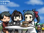  :d ahoge akizuki_(kantai_collection) aoba_(kantai_collection) black_hair chou-10cm-hou-chan closed_eyes dated grey_eyes hachimaki hair_ribbon hamu_koutarou headband irako_(kantai_collection) kantai_collection littorio_(kantai_collection) mogami_(kantai_collection) multiple_girls obentou open_mouth ponytail ribbon short_hair sitting smile translated trophy yellow_eyes 