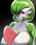 between_breasts breasts cleavage cum cum_on_body cum_on_breasts cum_on_upper_body gardevoir gen_3_pokemon green_hair green_skin huge_breasts humanization lips looking_at_viewer mr_h.l. multicolored multicolored_skin nose pokemon pokemon_(creature) pokemon_(game) red_eyes short_hair slit_pupils solo two-tone_skin white_skin 