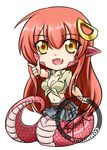  :d blackgeneride breasts chibi cleavage fang full_body hair_ornament hairclip highres lamia large_breasts long_hair miia_(monster_musume) monster_girl monster_musume_no_iru_nichijou navel open_mouth pointing pointy_ears red_hair scales shirt signature simple_background skirt slit_pupils smile solo tied_shirt white_background yellow_eyes 