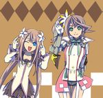  2girls alisha_(tales) alisha_diphda argyle argyle_background armor belt blue_eyes breasts brown_background brown_hair checkered detached_sleeves flower gloves green_eyes hair_ornament jacket long_hair marta_lualdi multiple_girls one_eye_closed open_mouth ribbon short_shorts shorts side_ponytail simple_background skirt smile tales_of_(series) tales_of_symphonia_knight_of_ratatosk tales_of_zestiria thighhighs wink wink_one_eye_closed 