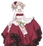  1girl alisha_(tales) alisha_diphda bare_shoulders black_eyes blush breasts brown_hair dress elbow_gloves flower frills gloves hair_ornament necklace princess rose side_ponytail simple_background smile tales_of_(series) tales_of_zestiria 