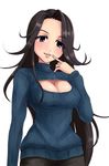  black_hair breasts cleavage cleavage_cutout haiji_(sugakunigate) highres idolmaster idolmaster_cinderella_girls large_breasts long_hair md5_mismatch meme_attire open-chest_sweater purple_eyes ribbed_sweater simple_background solo sweater takahashi_reiko turtleneck 