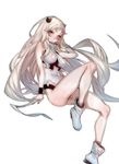  airfield_hime ankle_boots bare_legs boots breasts covered_nipples horns kantai_collection long_hair looking_at_viewer medium_breasts pale_skin pink_eyes shinkaisei-kan simple_background smile solo very_long_hair white_background white_footwear white_hair zuizi 