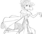  1girl alisha_(tales) alisha_diphda bare_shoulders bare_shoulderschoker breasts choker cleavage dress earrings feathers flower frills gloves high_heels jewelry long_hair monochrome ponytail ribbon rose shoes smile sorey_(tales) tales_of_(series) tales_of_zestiria 