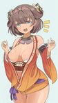 1girl blue_eyes breasts breasts_apart brown_hair hairband large_breasts long_hair lowres navel orange_sleeves oshiro_project shuri_(oshiro_project) solo toi_(toiot) 