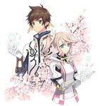  1boy 1girl alisha_(tales) alisha_diphda aqua_eyes armor belt breasts brown_hair capelet drill_hair earrings feathers flower gloves green_eyes hair_ornament jacket jewelry long_hair princess ribbon short_hair simple_background smile sorey_(tales) tales_of_(series) tales_of_zestiria 