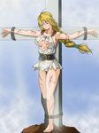  a-ru_(dn1217) bdsm blonde_hair blood bondage bound braid breasts cross crucifixion eyes_closed female gradient gradient_background injur injury long_hair panties single_braid solo sophitia_alexandra soul_calibur underwear white_panties 