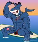  abs biceps big_muscles big_penis bite black_sclera blood blu3danny clothed clothing eyewear fish gills great_white_shark half-dressed male marine muscles necklace nipples pecs penis poking_out red_eyes scar sea shark sitting sunglasses surfboard teeth thong topless vein veiny_penis venice_beach_shark water 