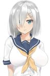  blue_eyes breasts hair_ornament hair_over_one_eye hairclip hamakaze_(kantai_collection) isshiki_(ffmania7) kantai_collection large_breasts looking_at_viewer school_uniform serafuku short_hair short_sleeves silver_hair simple_background solo upper_body white_background 