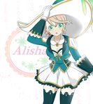  1girl alisha_(tales) alisha_diphda aqua_eyes breasts brown_hair character_name choker cleavage earrings frills gloves hat jacket jewelry long_hair open_mouth simple_background skirt tales_of_(series) tales_of_zestiria thighhighs 
