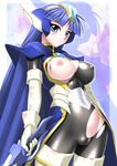  1girl areolae armor blue_eyes blue_hair blush breasts cameltoe cape female gloves highres large_breasts legs long_hair looking_at_viewer magic_knight_rayearth nipples no_panties ryuuzaki_umi sakura_ryuuken serious shoulder_pads simple_background skin_tight solo standing sword thighs torn_clothes weapon 
