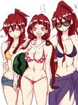  3girls artist_request bikini breasts cleavage food magi_the_labyrinth_of_magic multiple_girls piercing red_eyes red_hair scar scars simple_background sunglasses swimsuit watermelon 