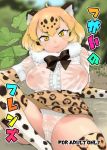  1girl ahoge animal_ears animal_print arm_support black_neckwear blonde_hair bow bowtie breasts bt_(shio_oninko) closed_mouth cover cover_page day doujin_cover eyebrows_visible_through_hair fur_collar head_tilt high-waist_skirt jaguar_(kemono_friends) jaguar_ears jaguar_print kemono_friends knee_up leaning_back long_sleeves looking_at_viewer medium_breasts medium_hair miniskirt nipples no_bra on_ground orange_eyes outdoors panties print_legwear print_skirt shirt short_over_long_sleeves short_sleeves sitting skirt smile solo spread_legs underwear wet wet_clothes wet_panties wet_shirt white_panties 